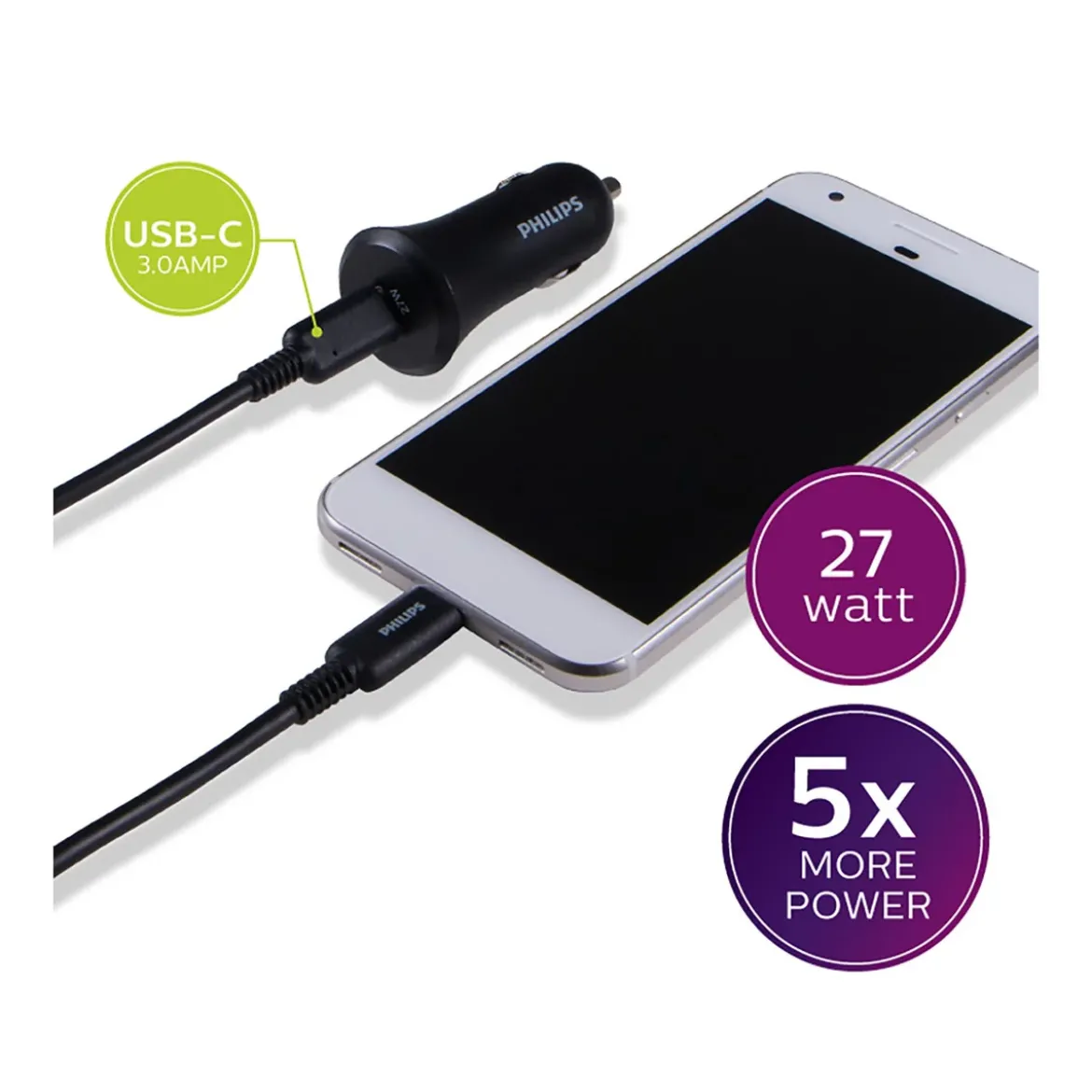 Philips 1-USB Car Charger with USB-C and Power Delivery, Black