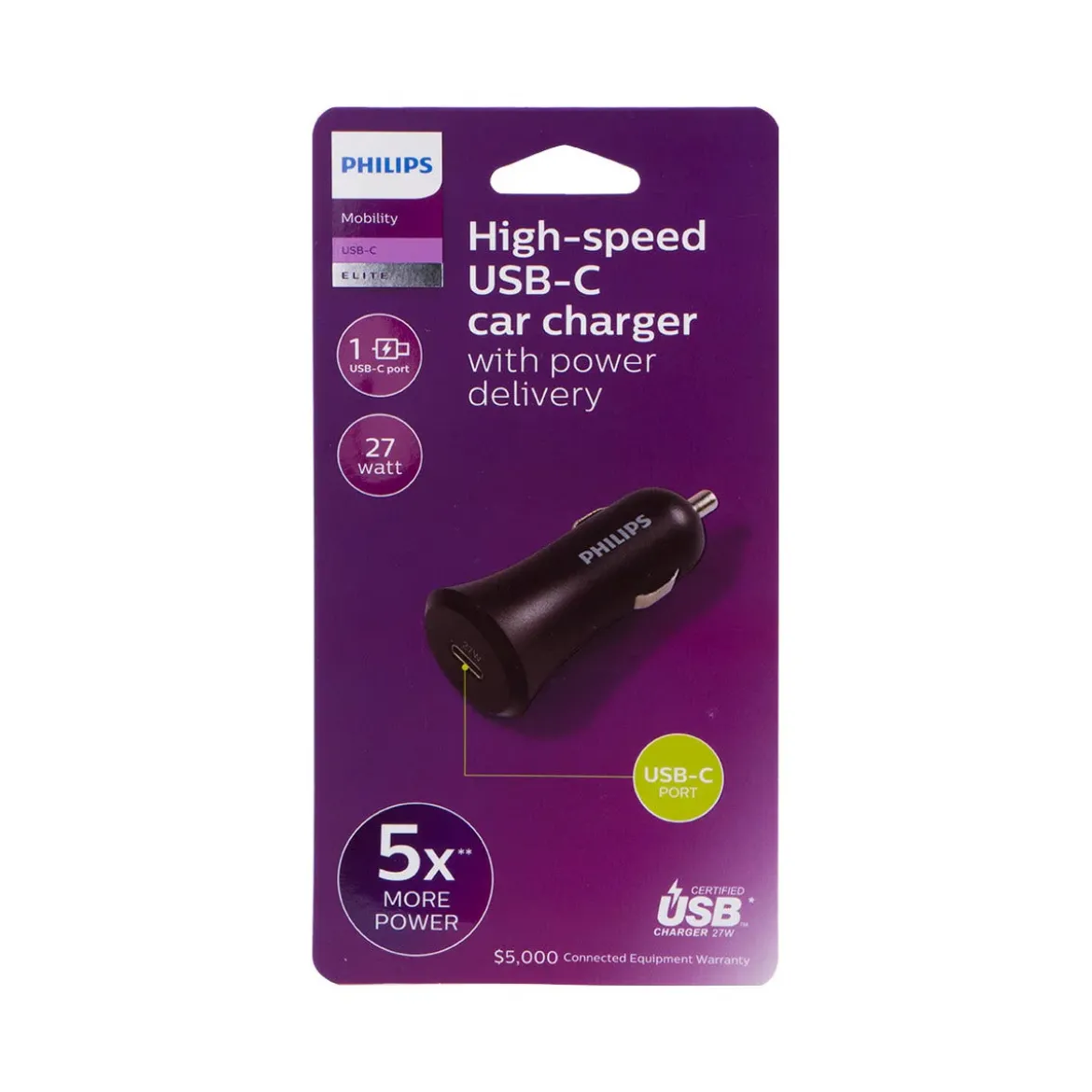 Philips 1-USB Car Charger with USB-C and Power Delivery, Black