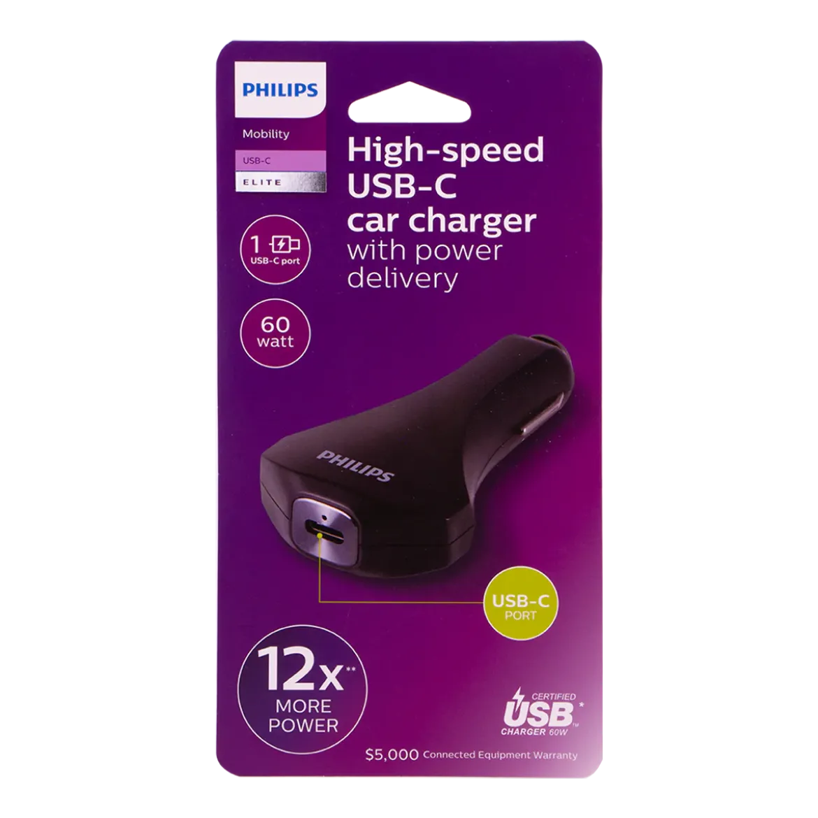 Philips 1-USB Car Charger with USB-C and Power Delivery, Black