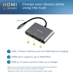 Philips USB-C 3-in-1 Multiport Hub With Power Pass-Through, Silver