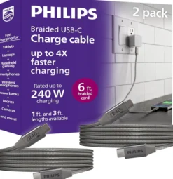 Philips USB-C to USB-C Cable, 240W, Braided, 6ft, Black/Gray Heather, 2 pack