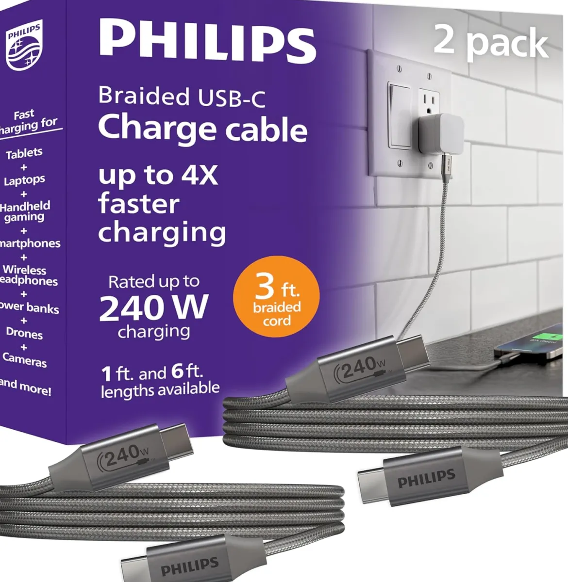 Philips USB-C to USB-C Cable, 240W, Braided Cord, 3ft, Black/Gray Heather, 2 pack