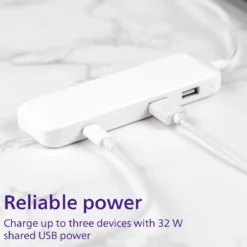 Philips USB Extension Bar, 3 ports, 2 USB-A ,1 20W USB-C, 32W Total, 6ft. Cable, White