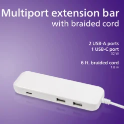 Philips USB Extension Bar, 3 ports, 2 USB-A ,1 20W USB-C, 32W Total, 6ft. Cable, White