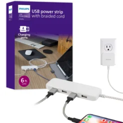 Philips USB Extension Bar, 4 USB-A ports, 4.8A, 24W, 6ft Braided Cord, White