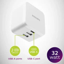 Philips 3-USB Wall Charger with 1 USB-C and 2 USB-A Ports and Power Delivery, White