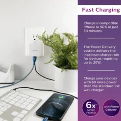 Philips 3-USB Wall Charger with 1 USB-C and 2 USB-A Ports and Power Delivery, White