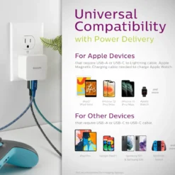 Philips 3-USB Wall Charger with 1 USB-C and 2 USB-A Ports and Power Delivery, White