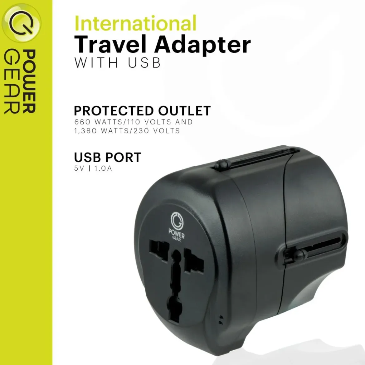 Power Gear International Travel Adapter with USB Passive Connector, Black