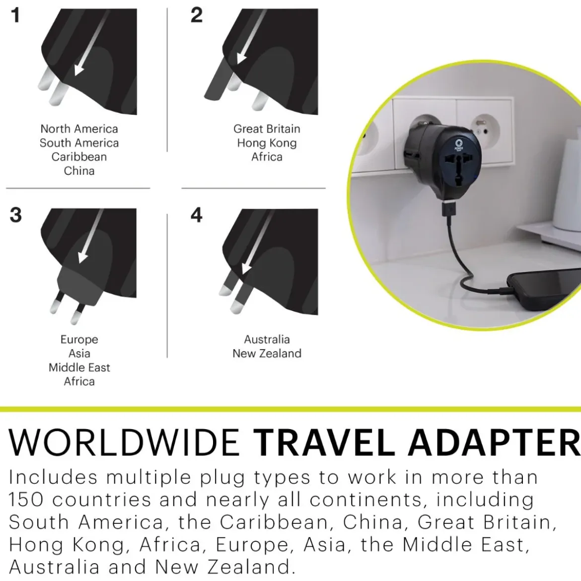 Power Gear International Travel Adapter with USB Passive Connector, Black