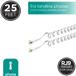 Power Gear Telephone Coiled Handset Cord, 25ft., White