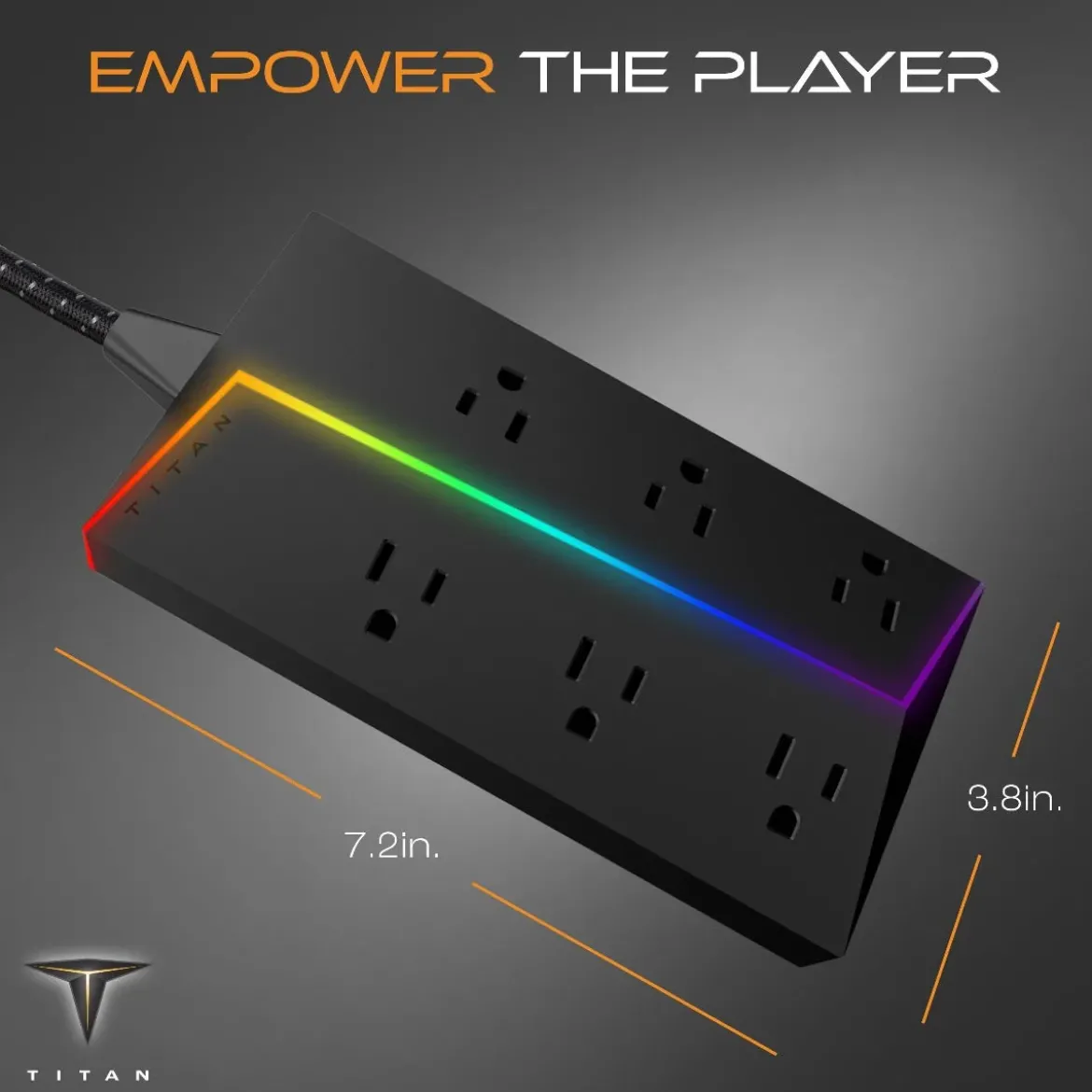 Titan 6-Outlet 4ft. Multicolor LED Surge Protector with Braided Cord, Black