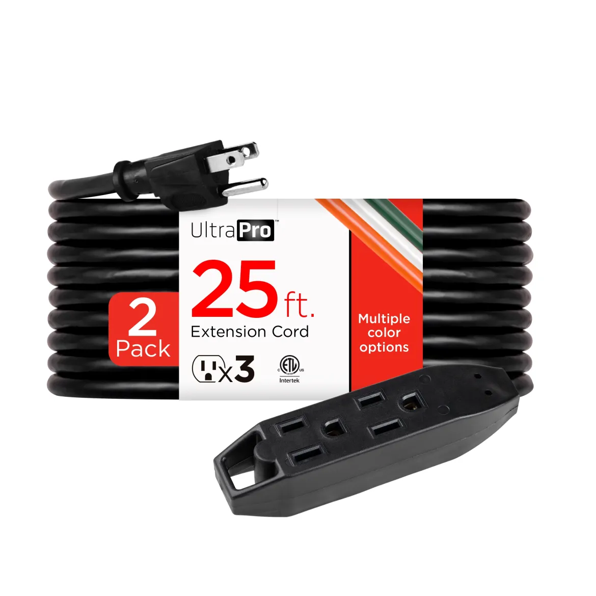 UltraPro 25ft. 3-Outlet Grounded Extension Cord, 2 Pack, Black