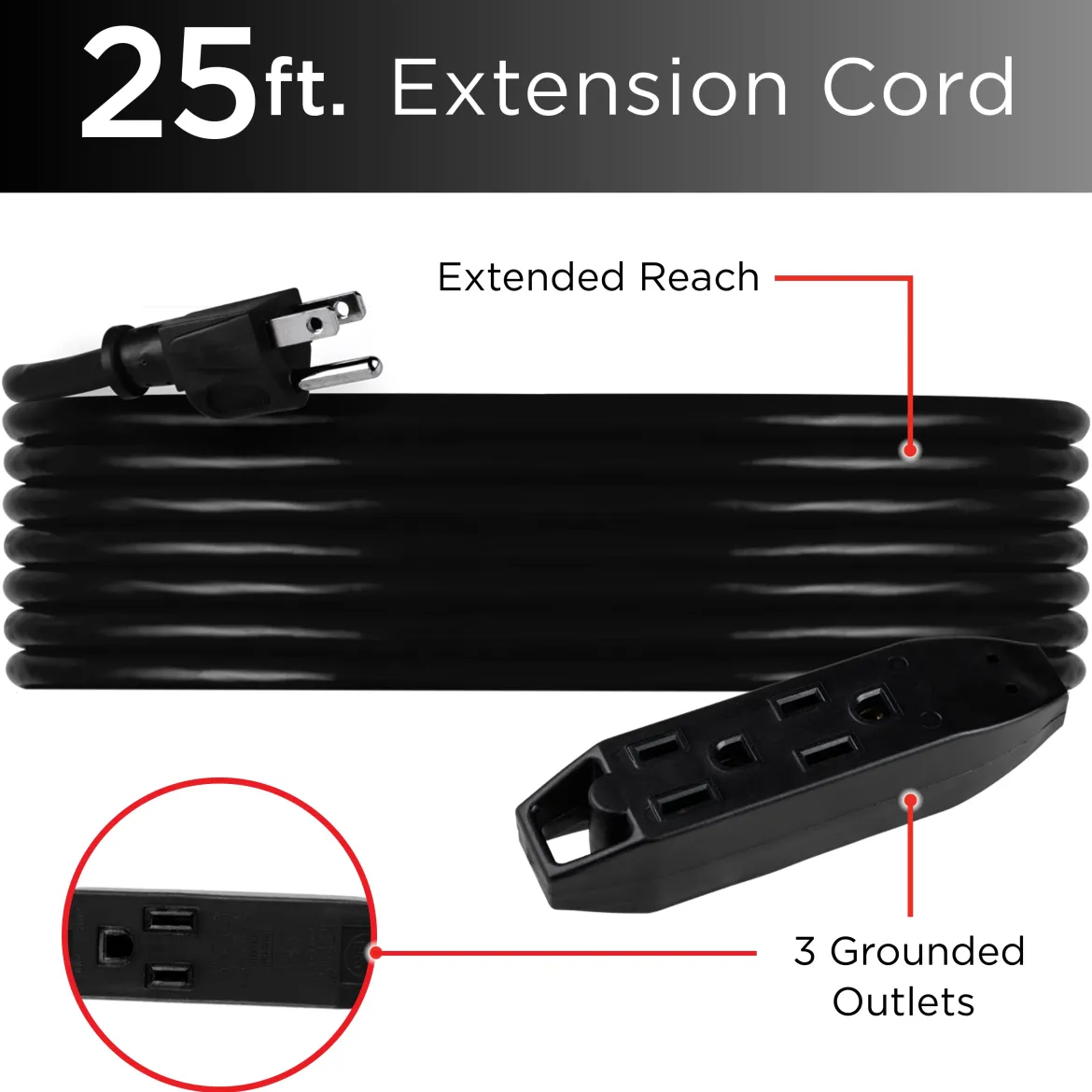 UltraPro 25ft. 3-Outlet Grounded Extension Cord, 2 Pack, Black