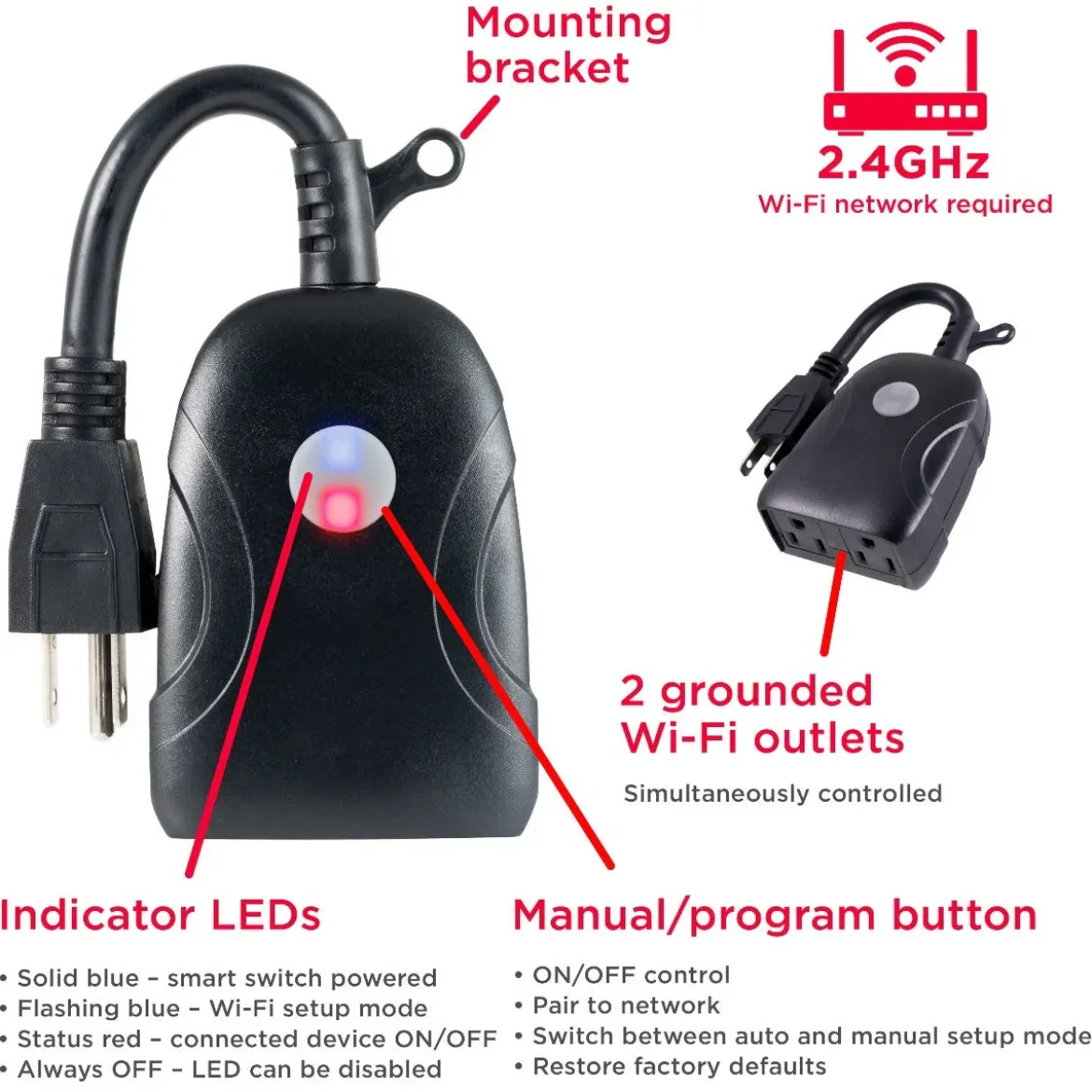 UltraPro Outdoor Plug-In 2-Outlet WiFi Smart Switch, Black