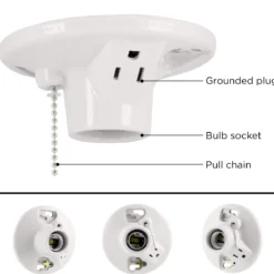 UltraPro Porcelain Lampholder, Medium Base, Pull Chain, Grounded Outlet, White