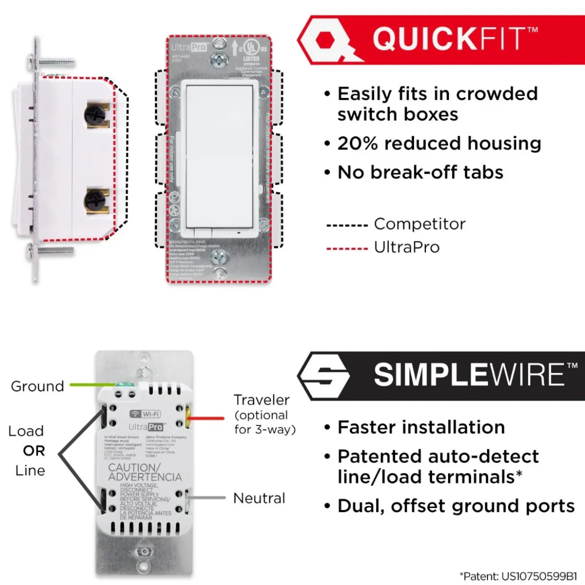 UltraPro WiFi In-Wall Smart Dimmer With QuickFit™ And SimpleWire™, White